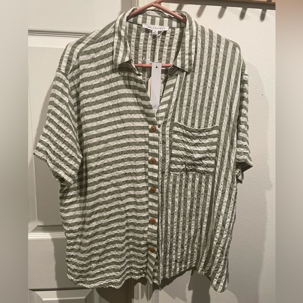 Jane and Delancey Green Striped Button Down‎ Shirt